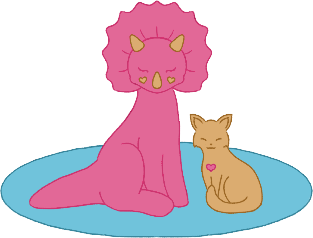 a drawing of a pink triceratops and a yellow cat sitting together